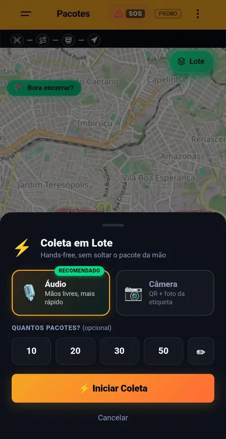 Tela do RotaZapZap: coleta de pacotes em lote por áudio ou câmera